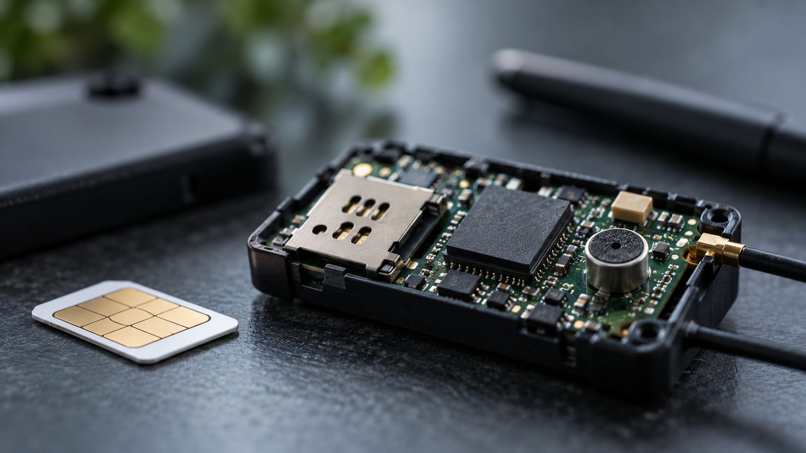 Microspia GSM aperta, con il circuito, il microfono e una SIM appoggiata accanto