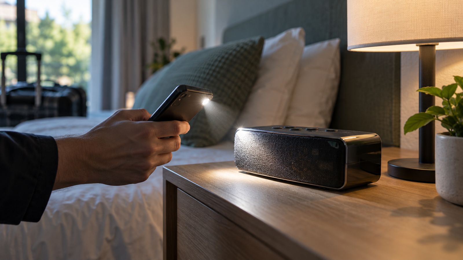 Camera in affitto, una mano illumina con la torcia del telefono la radiosveglia sul comodino