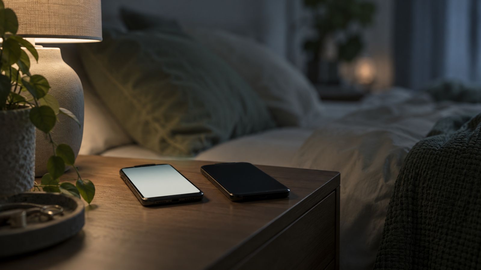 Due smartphone appoggiati sul comodino di una camera da letto in penombra