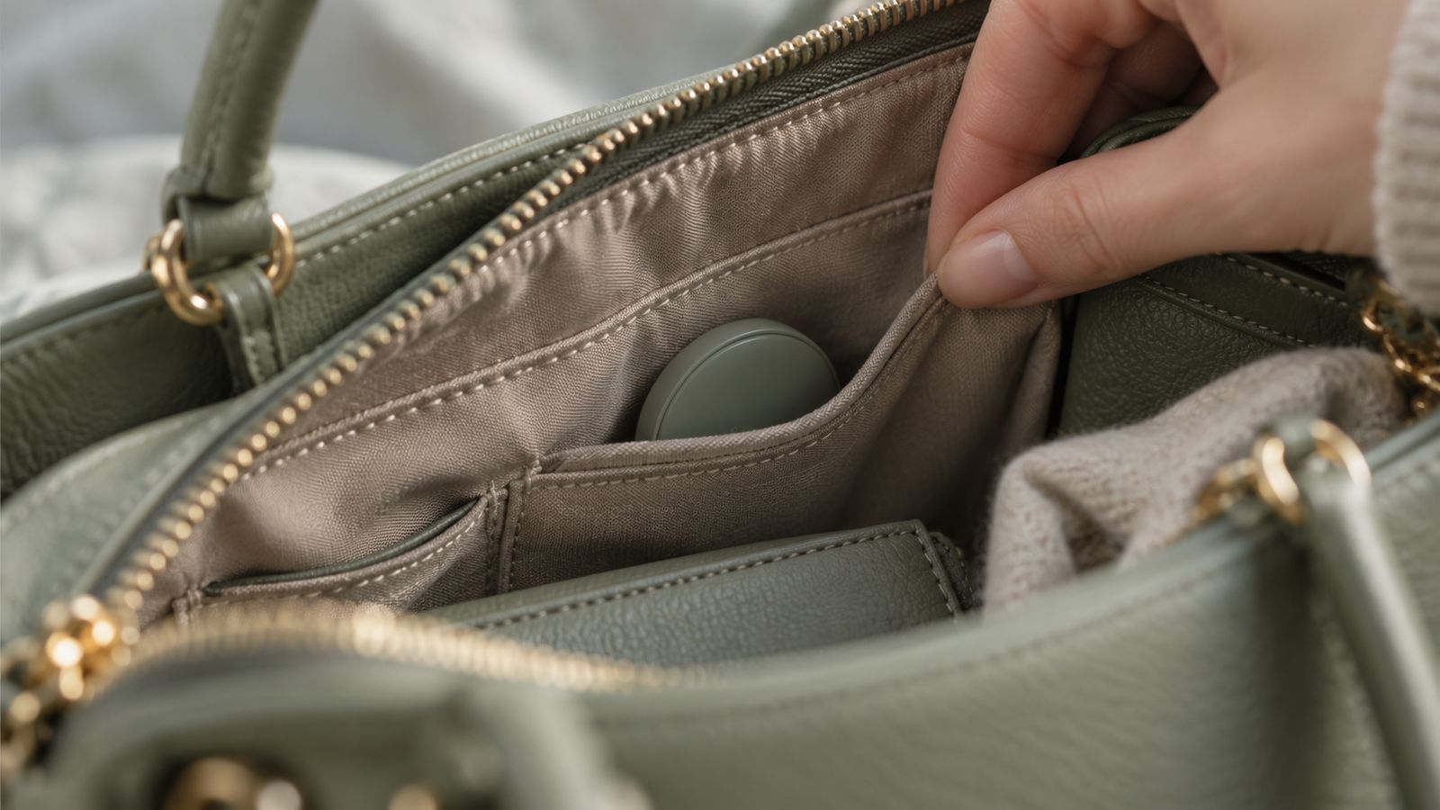 Mano che apre la tasca interna di una borsa, dove è nascosto un piccolo smart tag