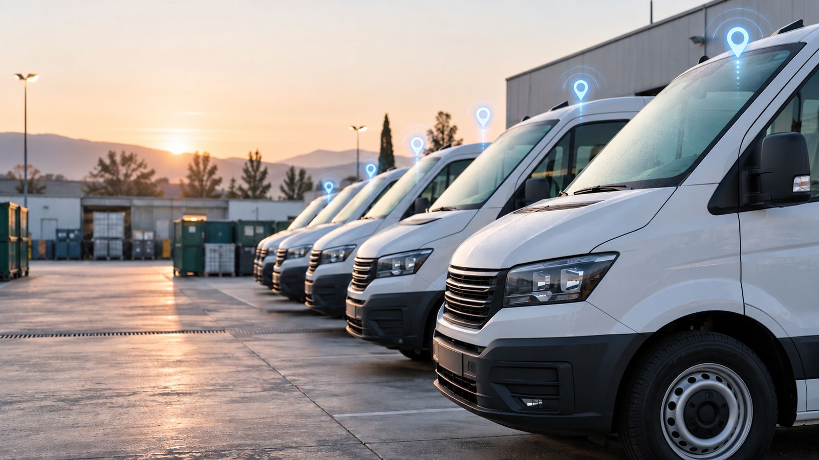 Fila di furgoni aziendali bianchi parcheggiati in un piazzale all’alba