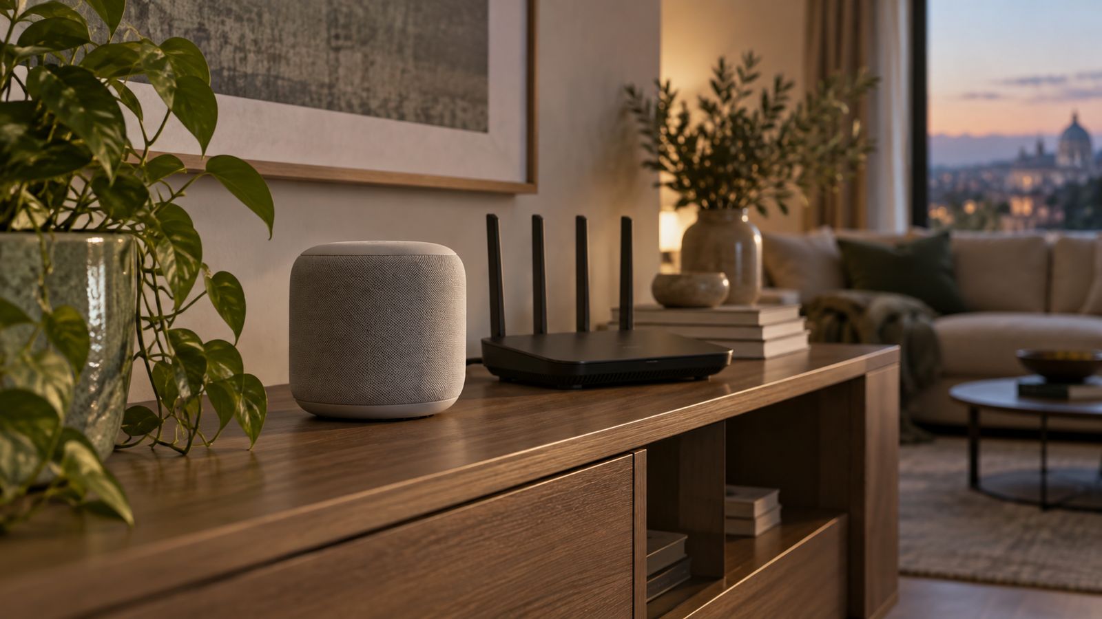 Altoparlante intelligente e router Wi-Fi su un mobile del soggiorno