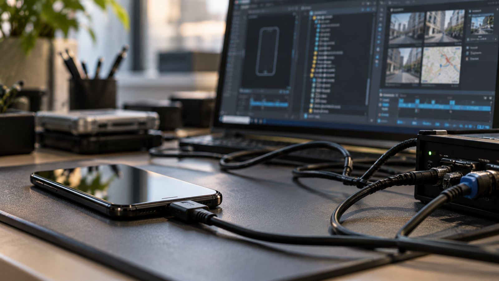 Smartphone collegato con un cavo a una postazione di analisi