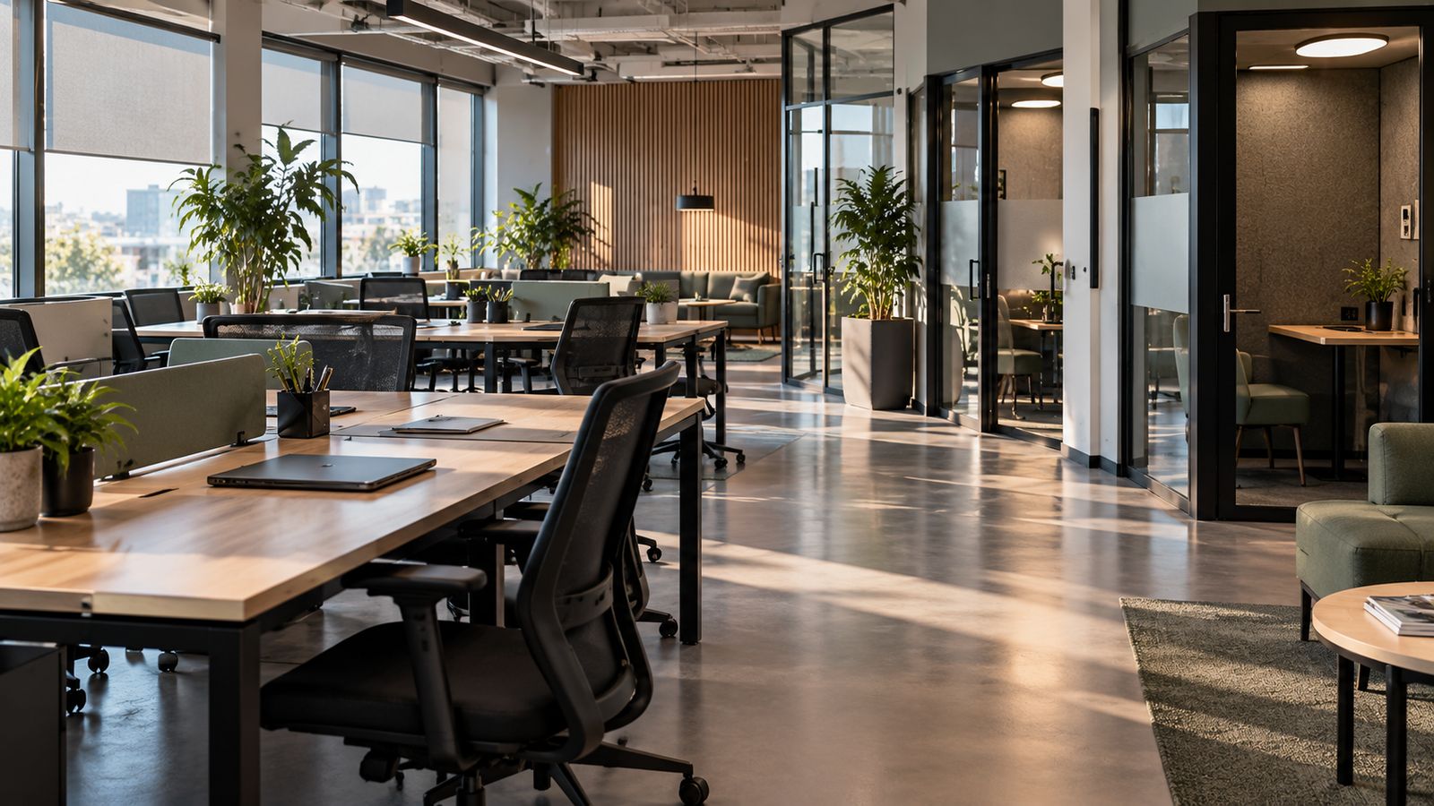 Spazio di coworking con scrivanie condivise e cabine telefoniche, vuoto al mattino