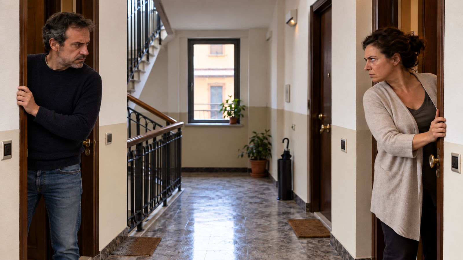 Facciata di un condominio con una piccola telecamera su un balcone rivolta verso la finestra vicina