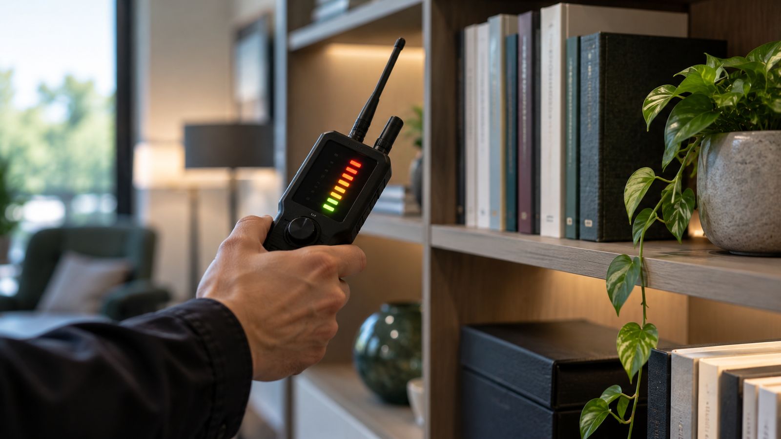 Rilevatore portatile di radiofrequenze con spie luminose davanti a una libreria