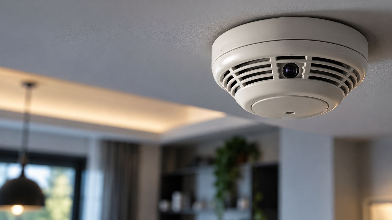 Rilevatore di fumo sul soffitto con un piccolo obiettivo nascosto tra le griglie