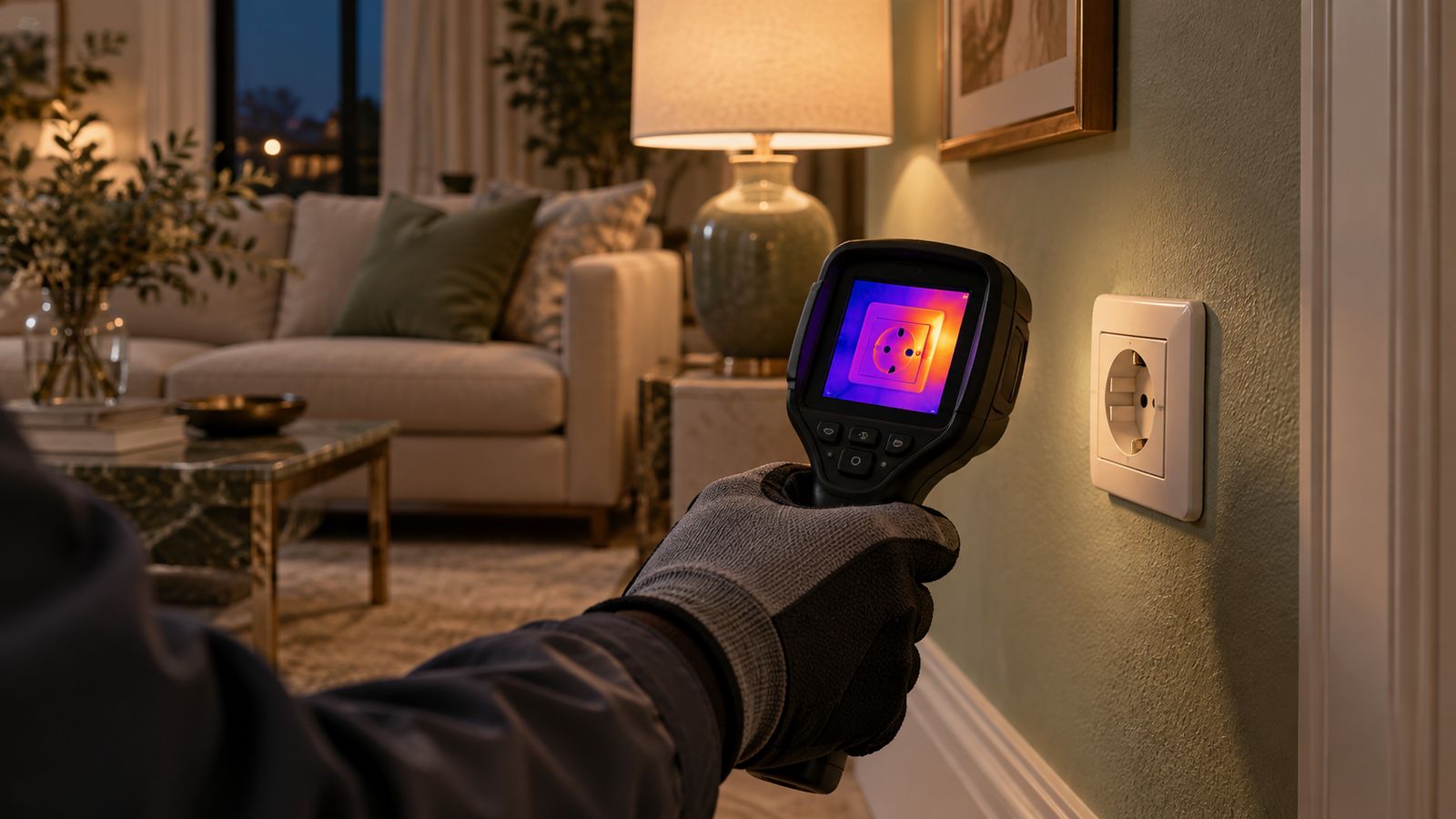 Soggiorno di sera, una mano controlla una presa elettrica con una termocamera