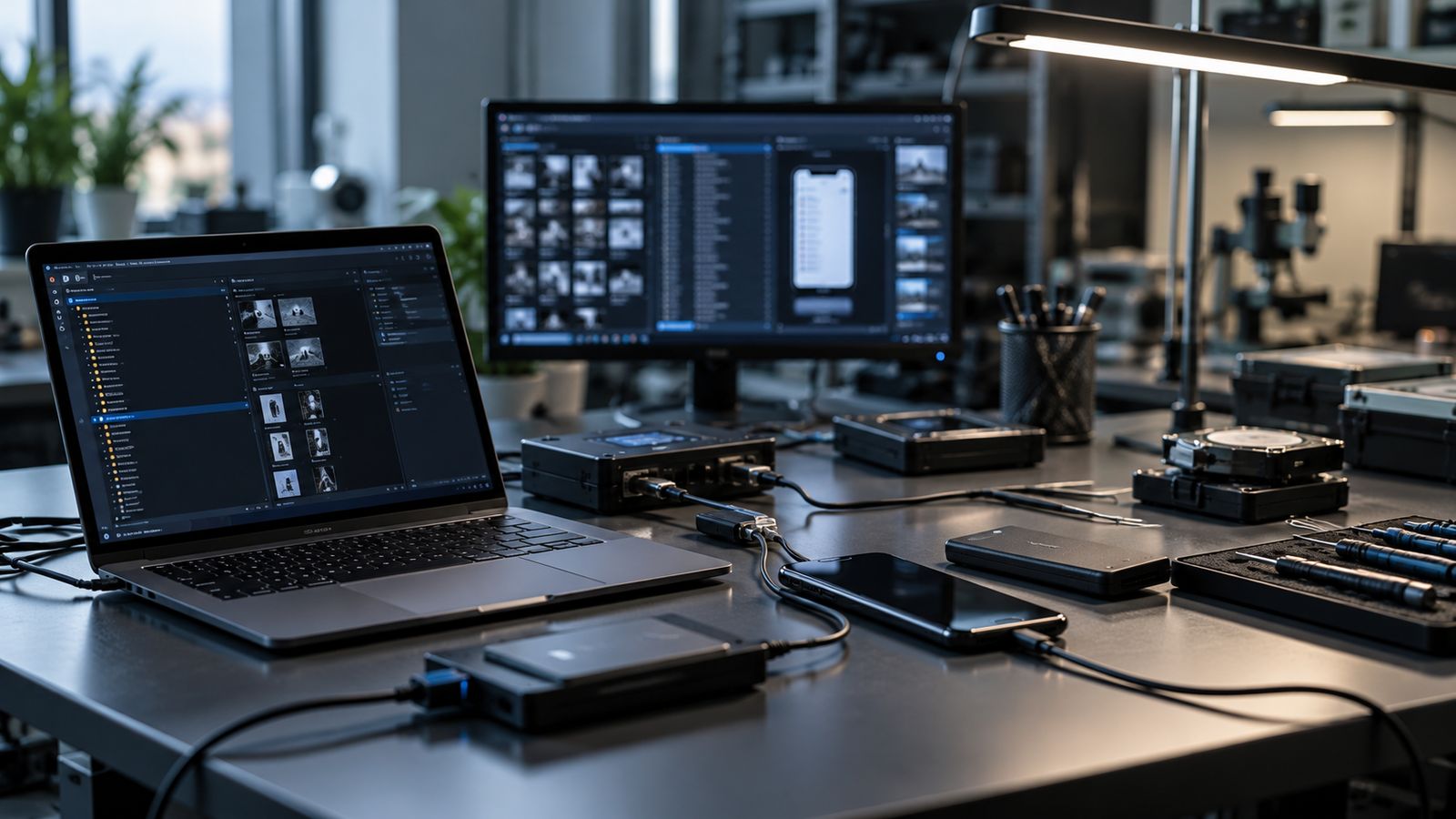 Smartphone collegati a una postazione di analisi