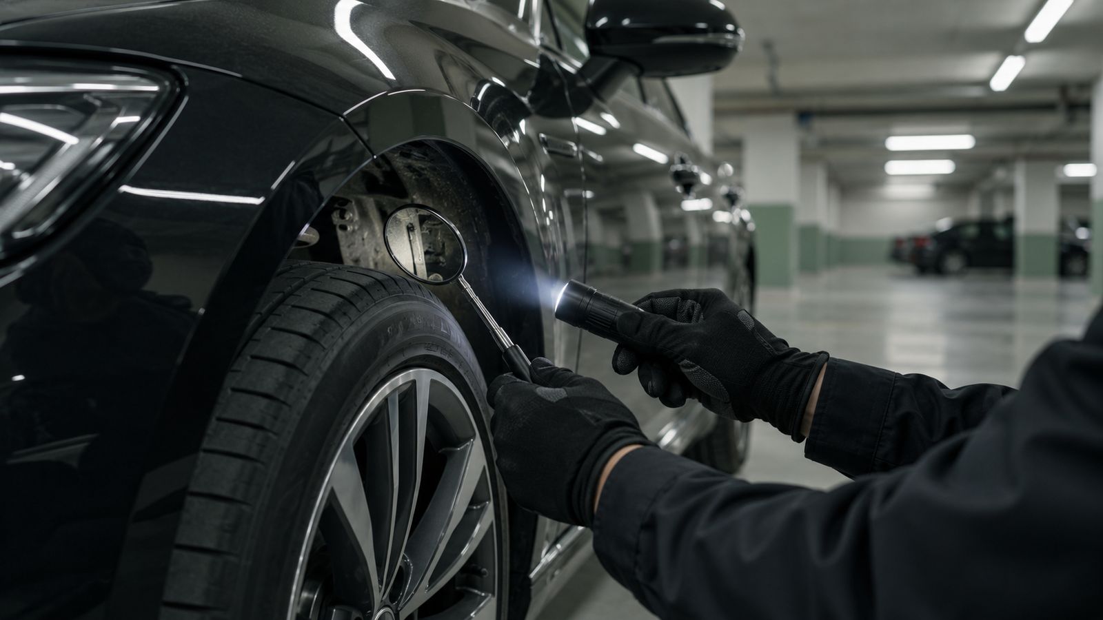 Auto scura in un garage, una mano con specchio e torcia controlla il passaruota
